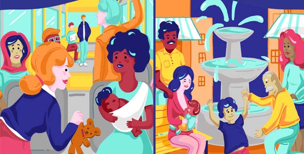 Dua ilustrasi di poster WHO untuk Breastfeeding Week 2016, Moms bisa menyusui di manapun, kapanpun